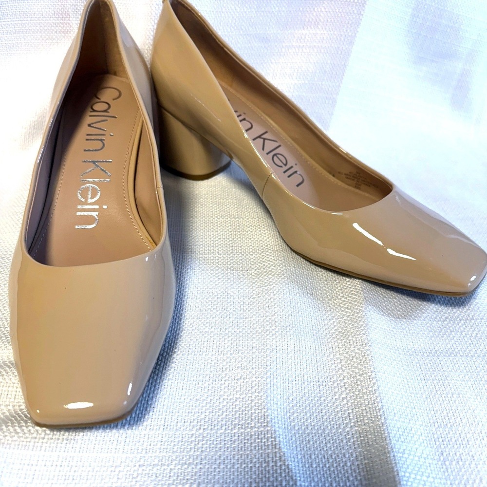 Calvin Klein Kcalanta Nude Beige Patent Square Toe Block Heel Pumps Womens 9M